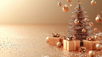 Elegant Christmas Tree with Golden Ornaments and Festive Gifts