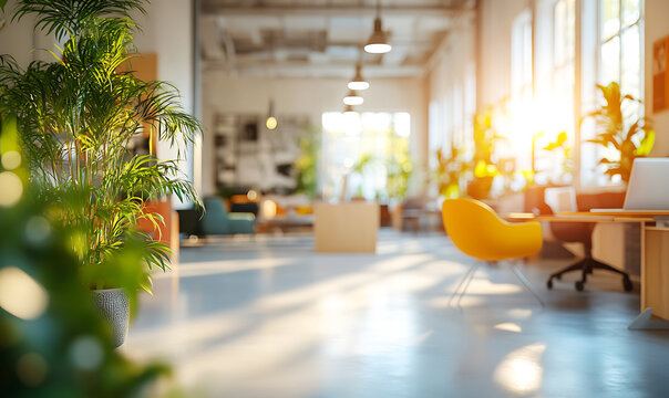 Creative coworking space filled with natural light, lush greenery, and comfortable seating areas, fostering a collaborative and sustainable work environment