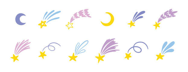 Obraz premium shooting stars doodle set. stars and moon isolated vector childish naive hand drawn cartoon illustration