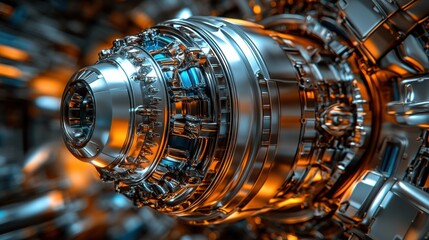 Obraz premium Detailed Close-Up of a Metallic Engine Component with Orange Hues
