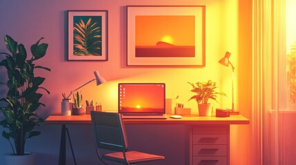 Fototapeta premium Sunset-lit home office workspace with laptop, plants, and artwork.