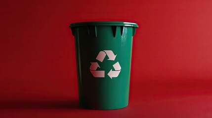 A green trash bin with a bold recycling icon, set against a vibrant red background for striking visual contrast