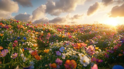 Fototapeta premium Vibrant Wildflower Meadow Under a Golden Sunset Sky