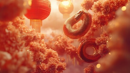Happy Chinese new year traditional red lantern and snake spiral cloud relief with golden flower background. Chinese translation : New year of snake