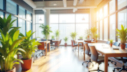 Fototapeta premium Spacious open blured office with green plants, sunlight, and modern furniture, designed for collaborative and eco-friendly business themes