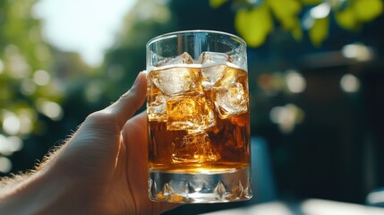 A hand holding a chilled glass of beer with ice cubes inside, sitting on a table outdoors, perfect for a refreshing break