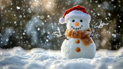 A snowman with a Santa hat carries branches, standing in a snowy landscape with a blurred winter forest background