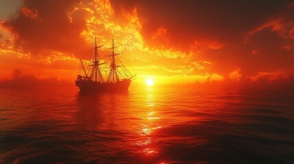 Fototapeta premium An oil rig silhouetted against a fiery sunset.