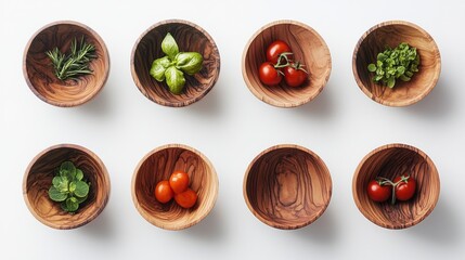 Fresh Herbs and Cherry Tomatoes in Wooden Bowls on White Background