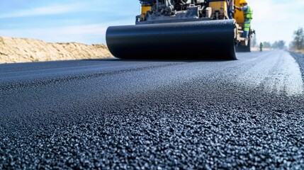 A large asphalt paving machine laying fresh blacktop on a highway, with workers guiding the process under a clear blue sky