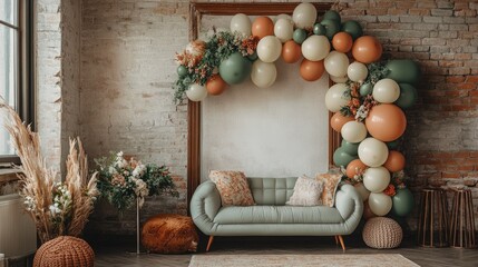 A large organic-style balloon garland in earthy tones like terracotta, sage green, and cream, placed in a cozy indoor setting