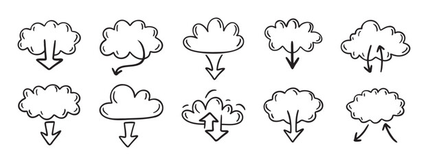 data server cloud with arrow for internet database, digital storage doodle hand drawn icon set. Outline drawing data server cloud line clipart symbol collection