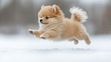 Playful Pomeranian Puppy Jumping Joyfully in Fresh Winter Snow
