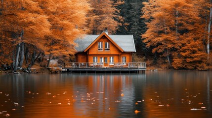 Fototapeta premium Serene Wooden Cabin Among Vibrant Autumn Trees by Tranquil Lake