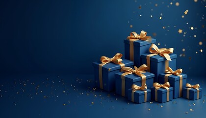 Elegant Blue Gift Boxes with Golden Ribbons Festive Celebration Holiday Presents