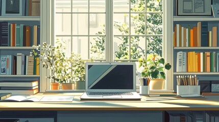 Sunlit home office with laptop, bookshelves, and plants.