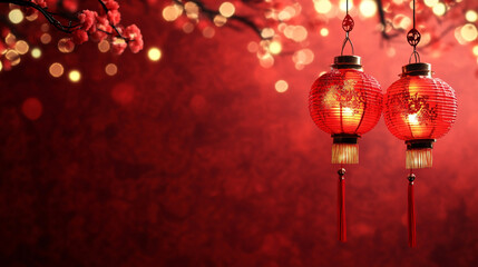 Capture the essence of Lunar New Year with traditional red lanterns glowing brightly against a vivid red festive background
