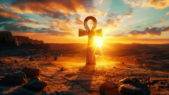 A powerful Ankh with ancient Egyptian symbols glowing in the desert at sunset