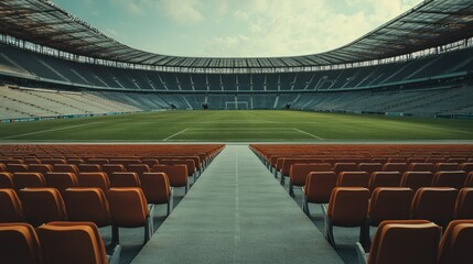 Obraz premium A quiet and empty stadium with rows of seats leading towards the goalposts, the pristine seats neatly arranged and waiting for spectators