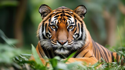 Intense Crouching Tiger in Lush Jungle Environment