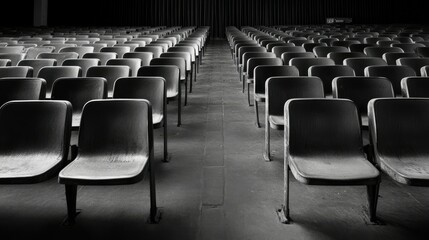 Fototapeta premium A quiet and still shot of rows of empty seating in a stadium, the space echoing with emptiness as no audience fills the stands