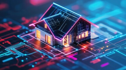 Futuristic House Model on Digital Blueprint with Neon Lights Effects
