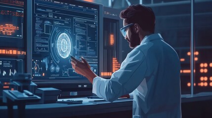 Scientist interacts with holographic data on a futuristic computer screen.