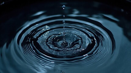Water Droplet Creating Ripples in Still Blue Water Surface