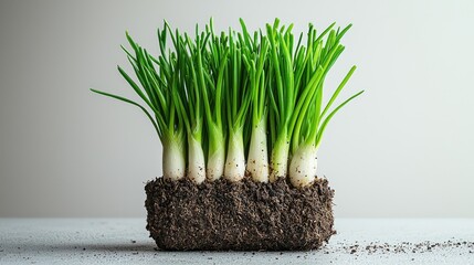 Vibrant Green Onion Sprouts Emerging from Soil Against a Neutral Background