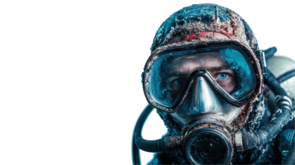 Close-up of a diver in advanced gear exploring underwater environments. transparent background