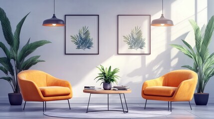 Fototapeta premium Sunlit living room with orange armchairs, coffee table, plants, and framed prints.
