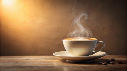 Warm Aromatic Coffee in a White Cup on Wooden Table with Steam Rising