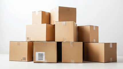 A stack of uniform cardboard boxes with clear markings and tape, isolated against a pristine white background