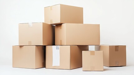 A stack of uniform cardboard boxes with clear markings and tape, isolated against a pristine white background