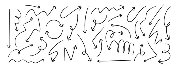 simple doodle hand drawn arrow set, thin black vector