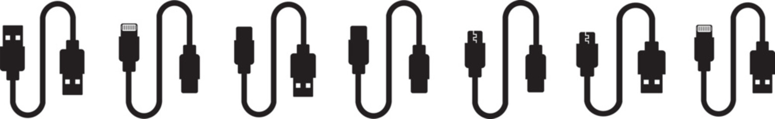 USB cable port icon set. USB type C A lightning and micro usb mobile phone charger vector collection isolated transparent. Plug adapter symbol. Electronic device connector. Smartphone charger sign