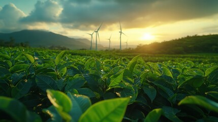 Serene Landscape of Green Tea Leaves and Wind Turbines at Sunset