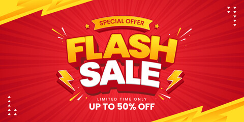 Flash sale promotional banner with bold 3d text, thunder and geometric shapes. Flash sale promo with discount offer for online shopping, special offer, voucher, website, social media advertising