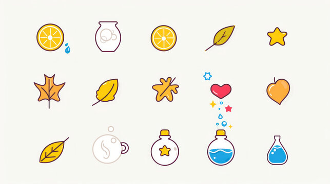 Colorful icons of leaves, fruits, and potion bottles create playful design
