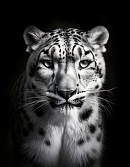 Close-up moody portrait of Snow Leopard face with dramatic contrast and depth. Fine art photography portrait. Front of Snow Leopard in style of black and white, monochrome photography. Fine art print.