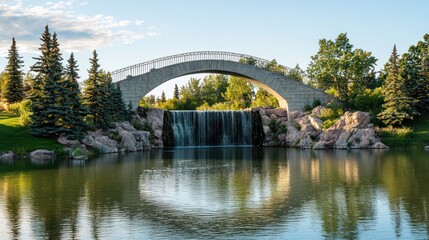 Fototapeta premium Serene arched bridge over cascading waterfall in tranquil park setting.