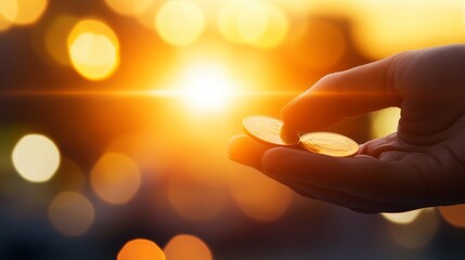 A hand holding two coins against a glowing sunset backdrop.