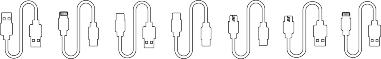 USB cable port icon set. USB type C A lightning and micro usb mobile phone charger vector collection isolated transparent. Plug adapter symbol. Electronic device connector. Smartphone charger sign