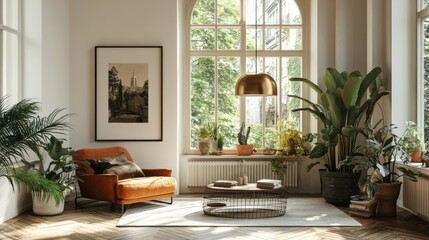 Bright and Airy Living Room with Plants and Warm Accent Furniture
