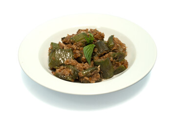 Stir-fried long eggplant (aubergine) with minced pork, on isolated white background.