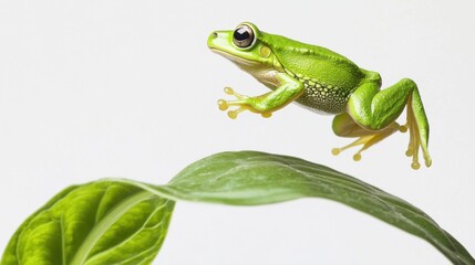Obraz premium Green Frog Leaping in Bright White Background