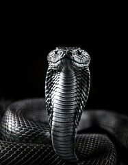 Fototapeta premium Close-up moody portrait of King Cobra face with dramatic contrast and depth. Fine art photography portrait. Front of King Cobra in style of black and white, monochrome photography. Fine art print.