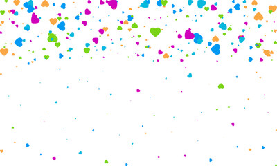 Heart Symbol on white background with spread confetti styel, Random colored heart shaped Spread confetti design. celebration template.