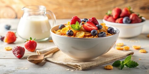 A delightful bowl of cereal with fresh berries and a refreshing sprig of mint, served alongside a pitcher of milk and a wooden spoon on a rustic table setting.