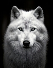 Front of Arctic Fox in style of black and white, monochrome photography. Fine art print. Close-up moody portrait of Arctic Fox face with dramatic contrast and depth. Fine art photography.